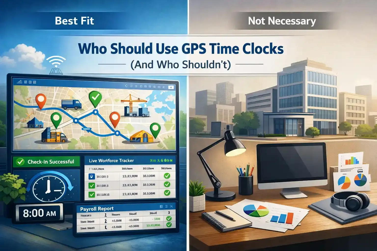 Split image showing GPS tracking dashboard vs static office workspace